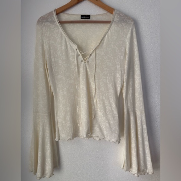 Y2K Vintage Wet Seal Sheer Floral Lace Top Size L Ivory Tan  Long Sleeves - Picture 1 of 11